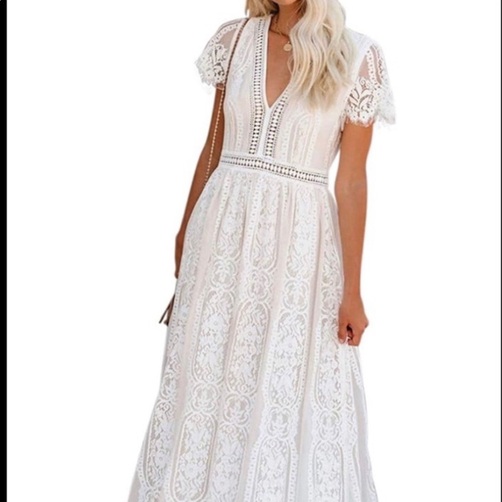 Short Sleeve Floral Lace Wedding Evening Party Maxi Dress size XL